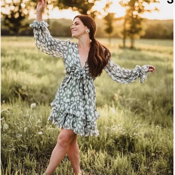 By Together Green Leopard Print Chiffon Ruffled Dress NWOT - Picture 2 of 12